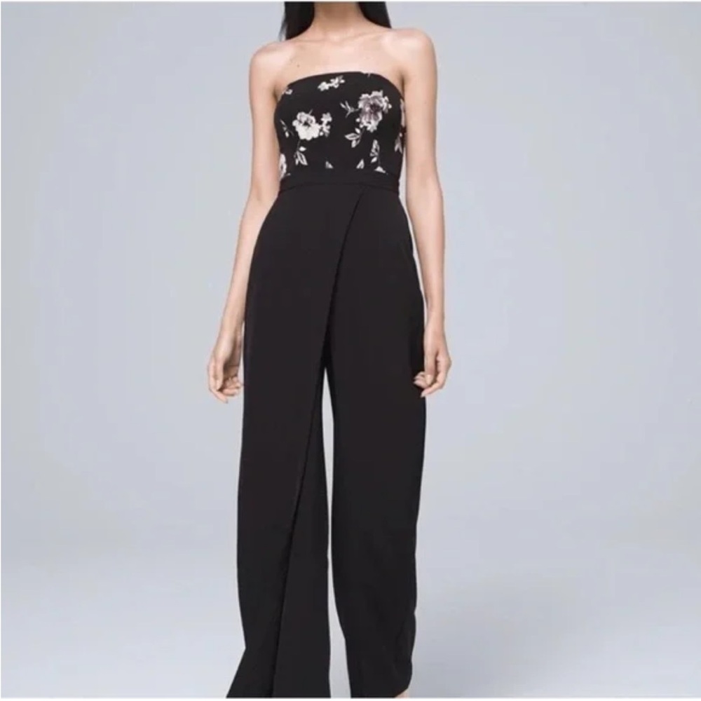 White House Black Market Strapless Black Floral Jumpsuit